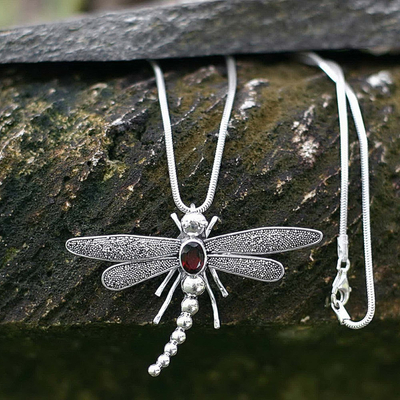 Garnet pendant necklace, 'Enchanted Dragonfly' - Garnet pendant necklace