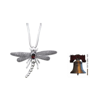 Garnet pendant necklace, 'Enchanted Dragonfly' - Garnet pendant necklace