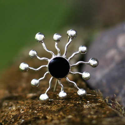 Onyx brooch pin, 'Sunshine' - Onyx Sterling Silver Sun and Moon Brooch Pin