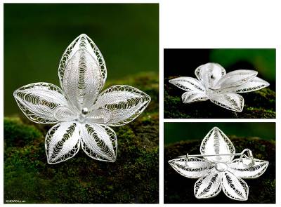 Sterling silver brooch pin, 'Regal Orchid' - Sterling Silver Flower Brooch Pin
