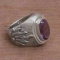 Men's amethyst ring, 'Violet Flame' - Sterling Silver and Purple Handcrafted Ring