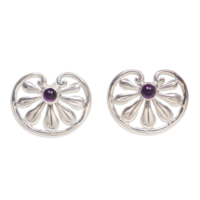 Amethyst flower earrings, 'Polished Petals' - Floral Sterling Silver Amethyst Button Earrings