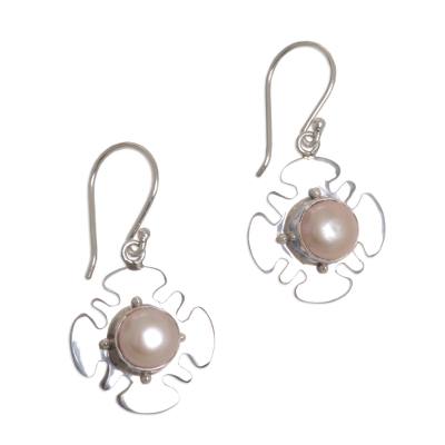 Pearl dangle earrings, 'Rose Silhouette' - Modern Pearl Sterling Silver Dangle Earrings