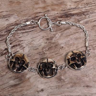 Bone pendant bracelet, 'Aged Immortal Smile' - Indonesian Bone Sterling Silver Link Bracelet