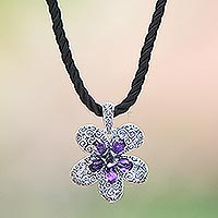 Amethyst pendant necklace, 'Plumeria' - Sterling silver choker