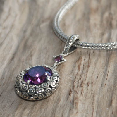 Amethyst pendant necklace, 'Moonlight Dazzle' - Sterling Silver and Amethyst Pendant Necklace from Bali