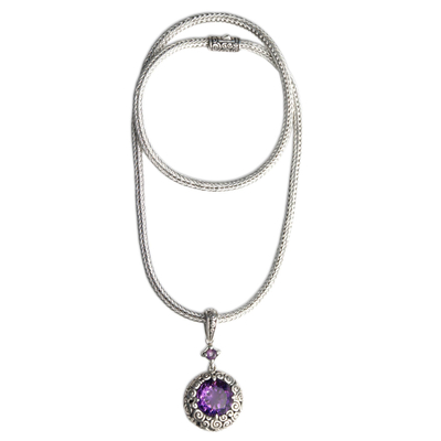 Amethyst pendant necklace, 'Moonlight Dazzle' - Sterling Silver and Amethyst Pendant Necklace from Bali
