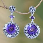 Amethyst dangle earrings, 'Moonlight Dazzle' - Buddha Curl Motif Amethyst Dangle Earrings from Bali