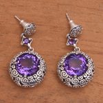 Amethyst dangle earrings, 'Moonlight Dazzle' - Buddha Curl Motif Amethyst Dangle Earrings from Bali