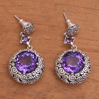 Amethyst dangle earrings, 'Moonlight Dazzle' - Buddha Curl Motif Amethyst Dangle Earrings from Bali