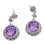 Amethyst dangle earrings, 'Moonlight Dazzle' - Buddha Curl Motif Amethyst Dangle Earrings from Bali