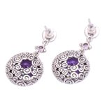 Amethyst dangle earrings, 'Moonlight Dazzle' - Buddha Curl Motif Amethyst Dangle Earrings from Bali