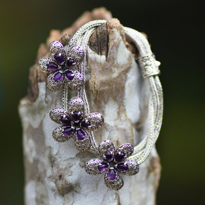 Amethyst pendant bracelet, 'Plumeria' - Floral Amethyst Pendant Bracelet Crafted in Bali