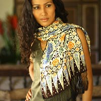 Silk batik scarf, 'Brown Paradise' - Unique Fair Trade Scarf with Flowers and Fringes