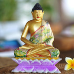 Wood statuette, 'Buddha on a Lotus' - Hand Painted Wood Sculpture