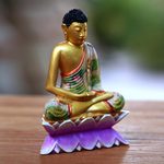 Wood statuette, 'Buddha on a Lotus' - Hand Painted Wood Sculpture