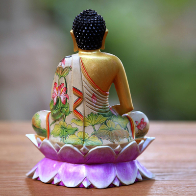 Wood statuette, 'Buddha on a Lotus' - Hand Painted Wood Sculpture