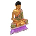 Wood statuette, 'Buddha on a Lotus' - Hand Painted Wood Sculpture
