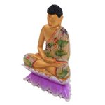 Wood statuette, 'Buddha on a Lotus' - Hand Painted Wood Sculpture