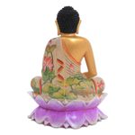 Wood statuette, 'Buddha on a Lotus' - Hand Painted Wood Sculpture