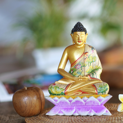 Wood statuette, 'Buddha on a Lotus' - Hand Painted Wood Sculpture