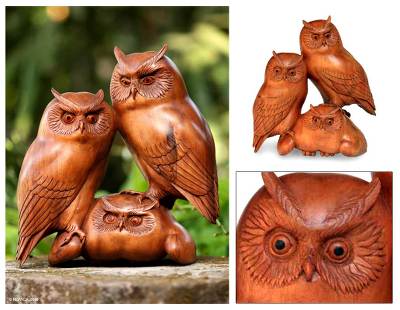 Wood sculpture, 'Owl and Her Chicks' - Wood sculpture