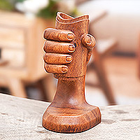 Wood statuette, 'A Toast' - Wood Sculpture from Indonesia