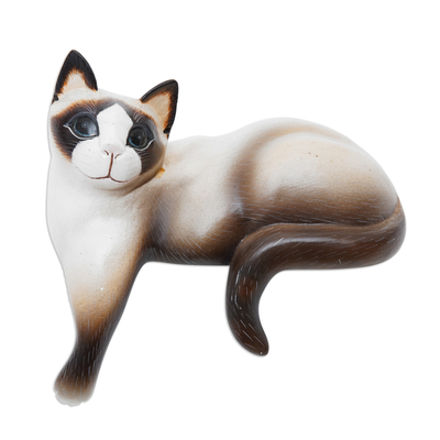 Wood statuette, 'Wistful Kitty' - Albesia Wood Cat Sculpture