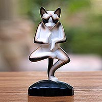 Wood sculpture, 'Vrkasana Yoga Cat'