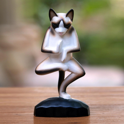Wood sculpture, 'Vrkasana Yoga Cat' - Wood sculpture