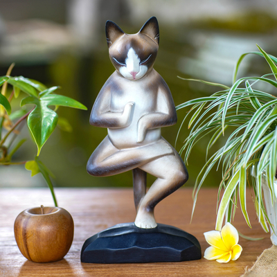 Wood sculpture, 'Vrkasana Yoga Cat' - Wood sculpture