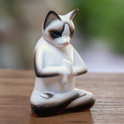 Wood sculpture, 'Breathing Yoga Cat' - Wood sculpture