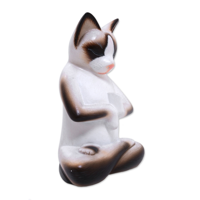 Wood sculpture, 'Breathing Yoga Cat' - Wood sculpture