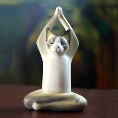 Wood sculpture, 'Toward the Sky Yoga Cat' - Albesia Wood Sculpture
