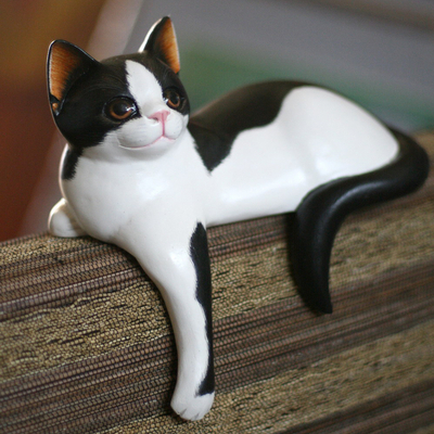 Wood statuette, 'Curious Kitty' - Wood statuette