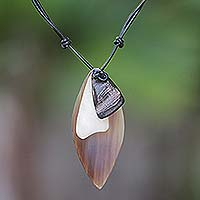 Leather pendant necklace, 'Shield' - Men's Horn and Bone Leather Necklace from Java