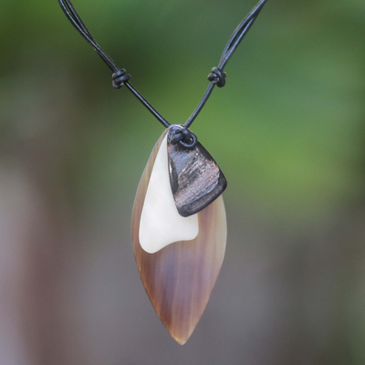 Leather pendant necklace, 'Shield' - Artisan Crafted Men's Horn Pendant Necklace