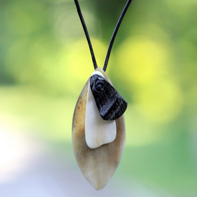 Leather pendant necklace, 'Shield' - Artisan Crafted Men's Horn Pendant Necklace