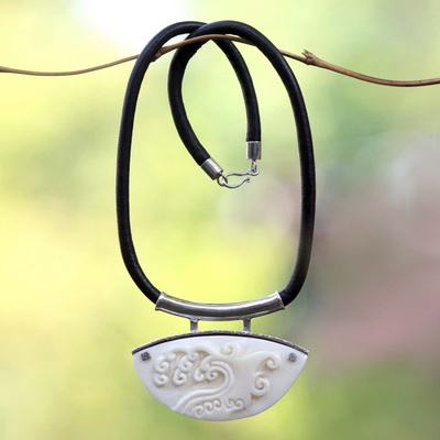 Leather pendant necklace, 'Ocean Wave' - Unique Leather and Cow Bone Necklace