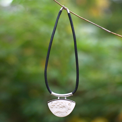 Leather pendant necklace, 'Ocean Wave' - Unique Leather and Cow Bone Necklace