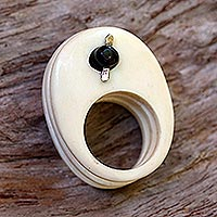 Ebony cocktail ring, 'Ivory Waves' - Hand Made Wood And Bone Designer Ring