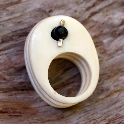 Ebony cocktail ring, 'Ivory Waves' - Unique Wood and Bone Cocktail Ring