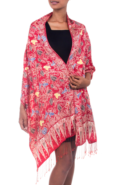 Silk batik shawl, 'Brave Java' - Artisan Crafted Women's Batik Silk Shawl