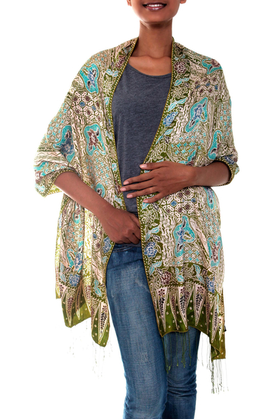 Silk batik shawl, 'Lavish Java' - Indonesian Women's Batik Silk Shawl