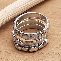 Sterling silver rings, 'Silver Loves' (set of 3) -  Floral and Heart Shaped Sterling Silver Stacking Rings