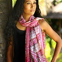 Silk batik scarf, 'Pink Fantasy'