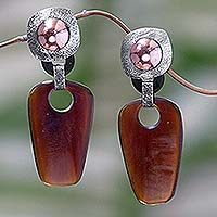 Sterling silver dangle earrings, 'Golden Fiji' - Horn and Silver Drop Earrings