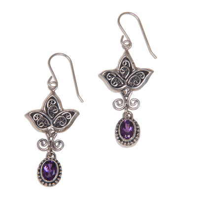 Amethyst earrings, 'Leaf Trio' - Amethyst earrings