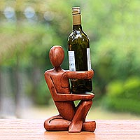 Wood wine bottle holder, 'The Invitation' - Hand Carved Wood Wine Bottle Holder