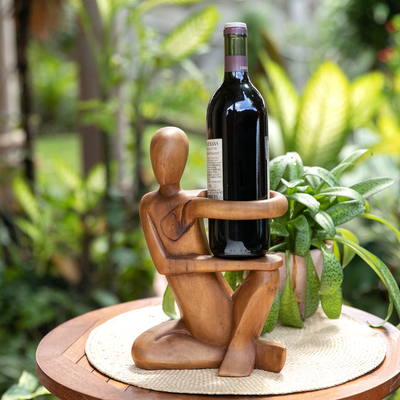 Wood wine bottle holder, 'The Invitation' - Hand Carved Wood Wine Bottle Holder